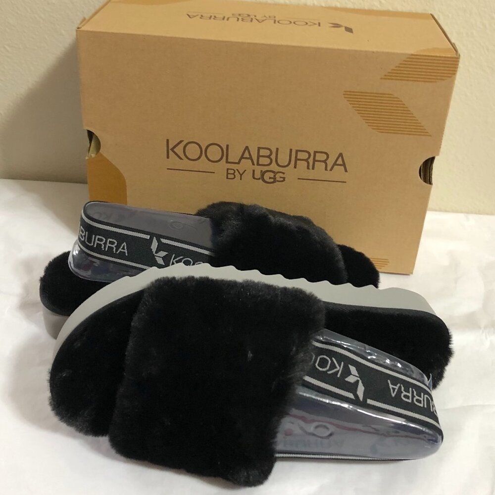 UGG KOOLABURRA Plush Slide Sandals Backstrap Black Faux Fur Slipper Size 6 - Picture 5 of 7